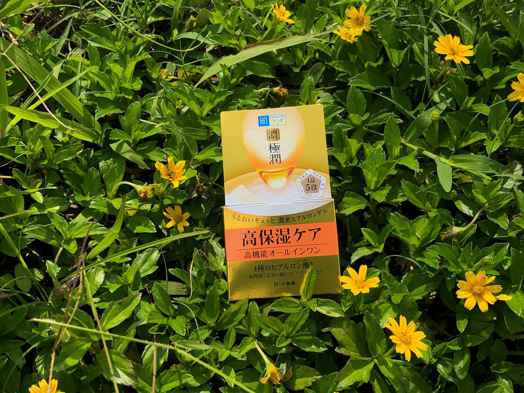 Box of Hada Labo Koi Gokujyun All-in-One Perfect Gel placed on green grass with small yellow flowers