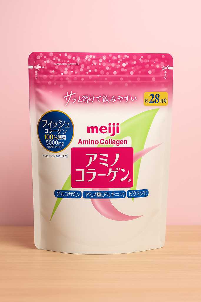 Meiji Amino Collagen powder pouch – Japanese collagen supplement with 5000mg fish collagen, glucosamine, arginine, and vitamin C on pink background