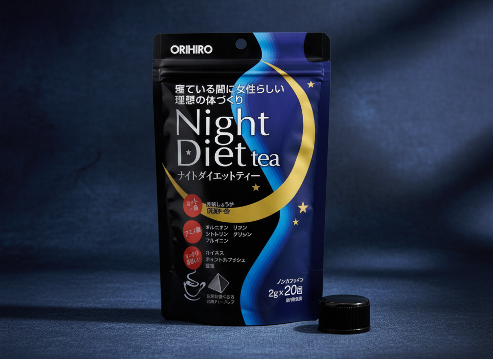 Orihiro Night Diet Tea pouch – Japanese caffeine-free night slimming tea with herbal blend for relaxation and weight management.