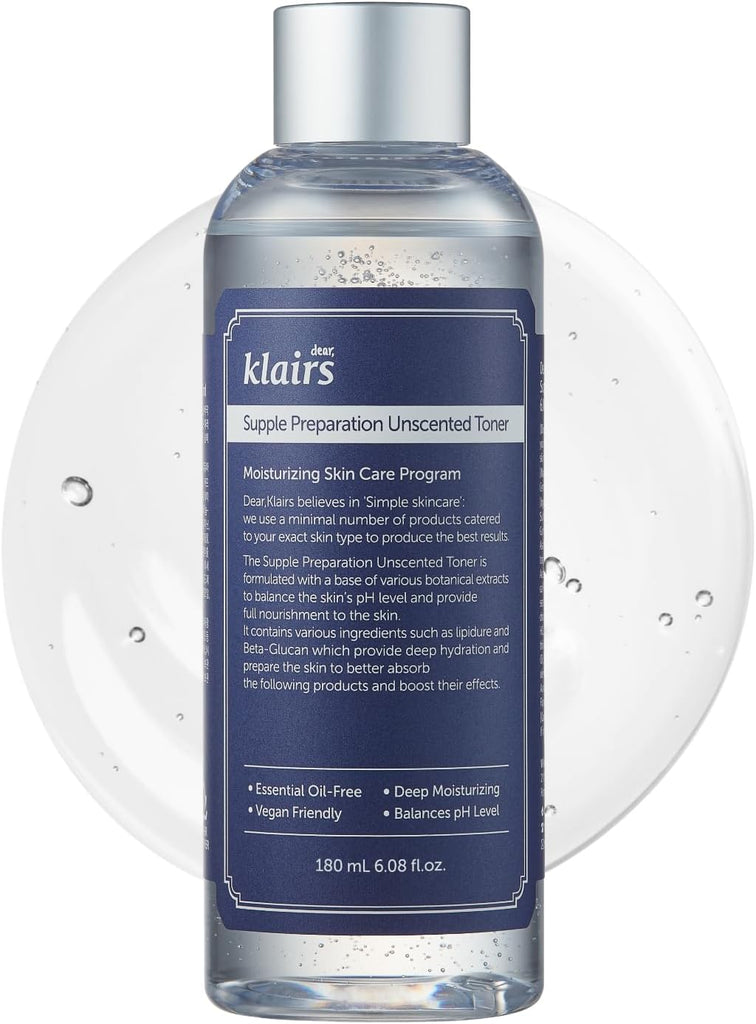 Klairs Unscented Toner, Supple Preparation, 180ml, Oil-free, Alcohol-free, Highly Moisturizing, Astringent, Sensitive Skin, Skin Care, Vegan, Moisturizing, Problem Skin, Hypoallergenic